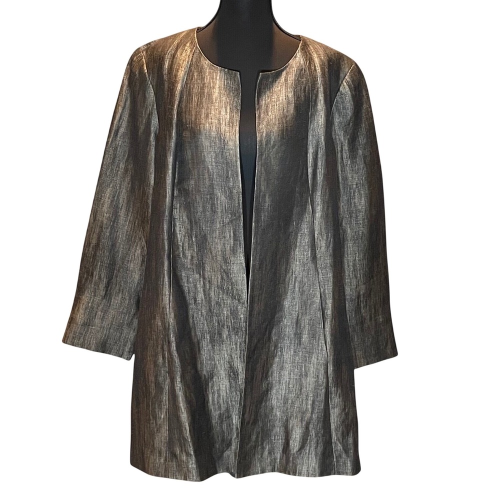 Eileen Fisher Metallic Linen Silk Blend Open Front Topper Jacket Bronze Large